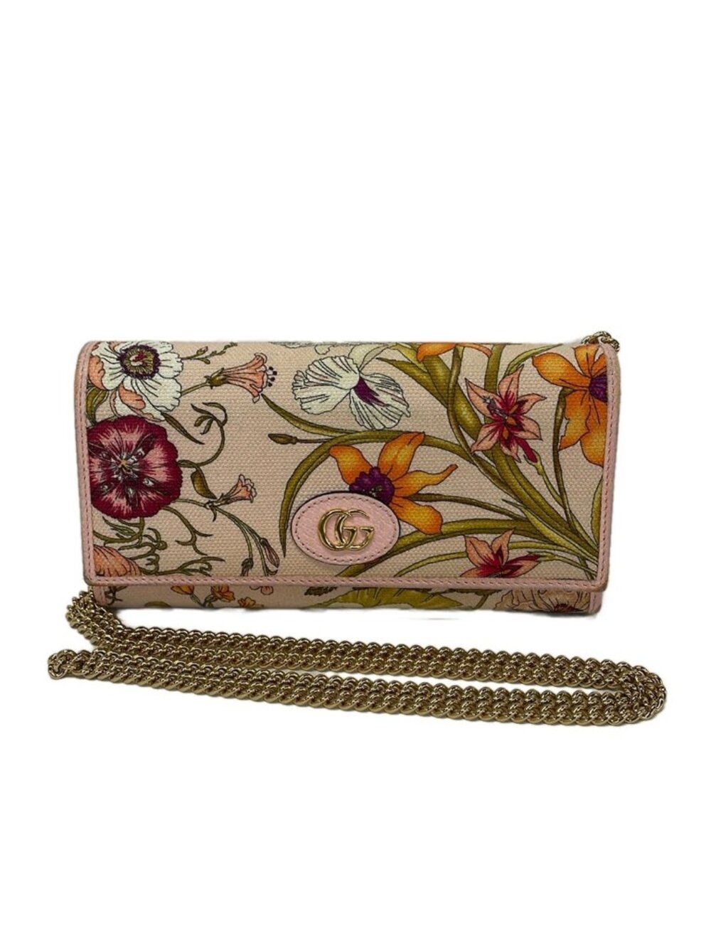 Gucci Wallet GG Marmont Flora Pink Beige Ivory Multi Chain Leather Shoulder Bag